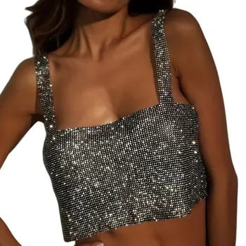 Kvinder Sexy Off Skulder Afgrøde Tank Top Skinnende Rhinestone Metal Diamant Vest Backless Dans Part Smykker Clubwear
