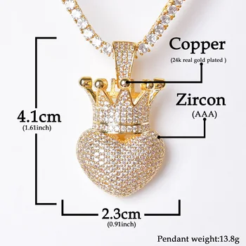 Crown Hjerte Vedhæng Halskæde Med 4mm Tennis Kæde, Guld Farve AAA Cubic Zircon Mænd Kvinder i Hip-Hop, Rock Smykker