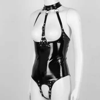 Kvinders Erotiske Undertøj Crotchless Bodysuit Wet Look Patent Læder Halterneck Hals Nøgne Bryst Spænde Trikot Bodysuit Nattøj