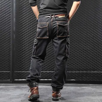 Mcikkny Mænd Fragt Casual Jeans Multi-lommer Løs Lige Motorcykel Denim Bukser Til mænd Bukser Størrelse 29-44 Vasket