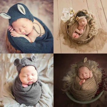 1 Sæt Baby Fotografering Rekvisitter Nyfødte Strikket Strækfolie+Hat Sat Spædbørn Foto Skyde Hæklet Tæppe Bonnet
