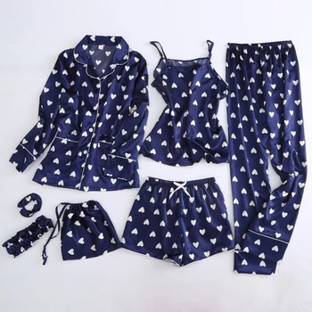 JULI SANG 7-PC ' er Faux Silke Satin Pyjamas Kvinder Elegante Trykte Fritids-Homewear 2020 Forår Sommer med Lange Ærmer Kvindelige Nattøj
