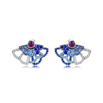 Blue & Pink Sten Fan Erklæring Stud 925 Sølv Øreringe til Kvinder 925 Sterling Sølv Earings Fine Smykker 2020 Ny