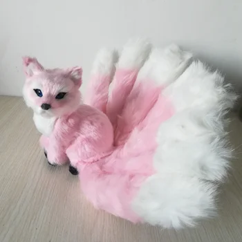 Søde simulering pink ni-tails fox model plast&pels virkelige liv hale fox dukke gave om 30x9x16cm