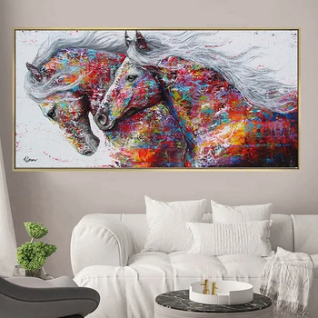 Abstrakte Farverige To galoperende Heste Lærred Maleri Plakater og Prints Væg Kunst, Animal Pictures Cuadros for Living Room Decor