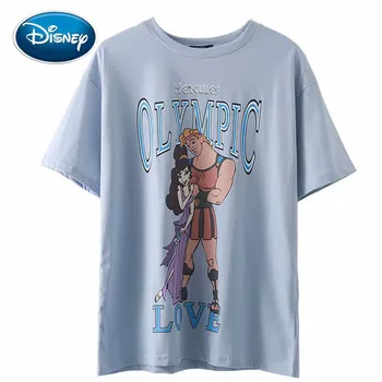 Disney Chic Mode HERCULES KÆRLIGHED Brev Tegnefilm Print Søde Kvinder T-Shirt med O-Hals Pullover Korte Ærmer Blå Bomuld Tee Toppe