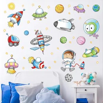 Creative Space Astronaut UFO Mærkat for Kids Room Tegnefilm Tapet Vindue Vægmalerier Dreng Garderobe Klistermærker Hjem Soveværelse Wall Decor
