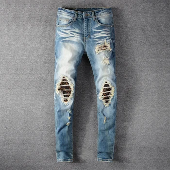 High Street Fashion Mænd Jeans Retro Blå Slim Fit Ødelagt Ripped Jeans Mænd Punk Bukser Patchwork Designer Hip Hop Jeans Til Mænd