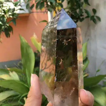 360-380 G Naturlige smokey quartz obelisk crystal wand punkt healing