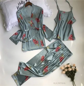 Sommeren Silke 3 stykker Robe Sæt Kvinder Satin Flower Print Kimono Undertøj Plus Size Sexet Nightgowns Sleepshirts Sove Dressing Sæt