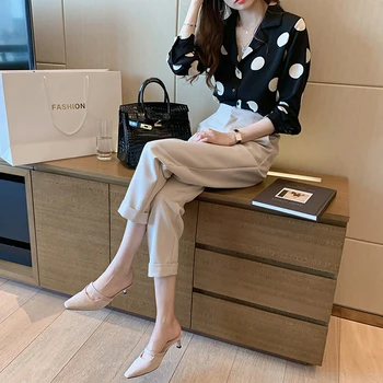 2020 Spring Ny langærmet Polka Dot Chiffon Blouse Kvinder HK Style Retro Elegant Slim-fit Kvinder Toppe Blusas Mujer 8767 50