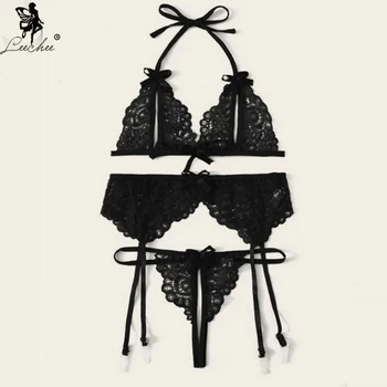 Leechee Nye Sexede Undertøj sæt 3stk Kvinders undertøj Hule Ud Brystholder+Retstrik+g-streng Tre-Punkt Passer Bue Gennemsigtige Bh-sæt