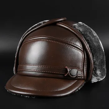 Læder cap mænds læder hat udendørs Læder Hat, pels hat 2019 vinter mode mand, far hat til gave