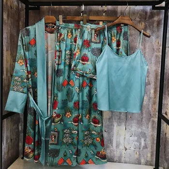 2019 Fashion Forår og Efterår Kvinder 4 Stykker Pyjamas Bukser Sæt med Lange Ærmer Print Silke Satin Nattøj Damer Nattøj Morgenkåbe