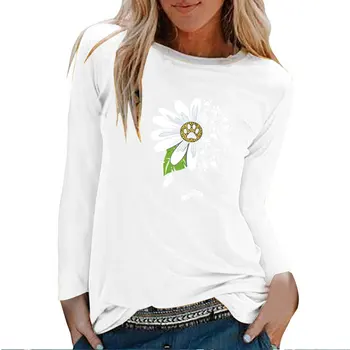 Daisy Bear Paw Print langærmet T-shirts Kvinder Efterår og Vinter Æstetisk Tøj Kawaii Graphic Tee Casual dame Toppe Ropa Mujer