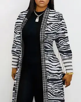 2020 Efteråret Kvinder Mode Elegant Afslappet Geometri Zebra Stribe Print Ribbet Cardigan Åben Foran, Lange Ærmer Løs Cardigan Kvinder