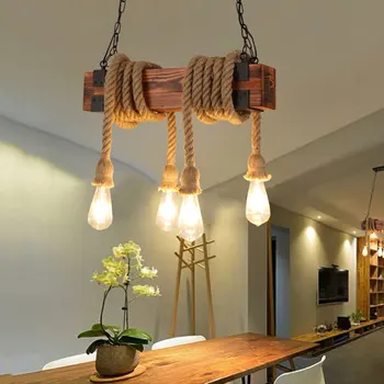 Justerbar retro-industrielt træ lysekrone spisestue belysning armatur bar, en café, en bar hamp reb pendel E27 hængende lampe