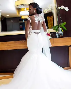 Vestido de noiva Afrikanske Havfrue Lace Wedding Kjoler Sexet Ren og skær Tilbage Pynt Tyl brudekjoler brudekjoler