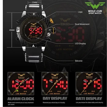 WOLF-CUB Sport Watch Mænd Silikone Rem Mode Afslappet LED Digital Mandlige Sort Militære Quartz Armbåndsur USA Helt Nye / WC002