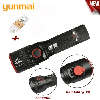 Yunmai USB-Genopladelig Lommelygte T6 Led Flash light Zoomable 3 modes brænder for 18650 med USB-kablet, Camping, fiskeri, der kører