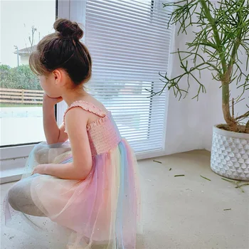 Piger Dress Rainbow Krøllet Maske Hofteholder Prinsesse Party Dress 2021 Sommeren Nye Fashion Baby Kids børnetøj
