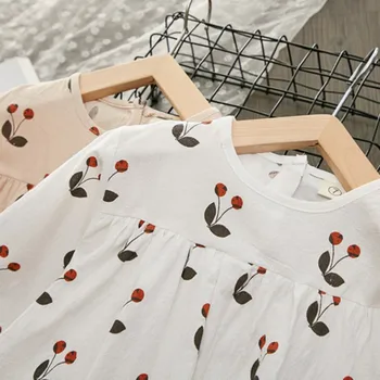 Efteråret Søde Baby Girls Dress Kirsebær Print Lange Ærmer Design Kjoler til Pige Børn Toddler Sundress