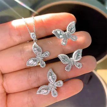 Butterfly Lab Diamant Smykker sæt Ægte 925 Sterling Sølv Part, vielsesringe, Øreringe og halskæder For Kvinder moissanite Smykker