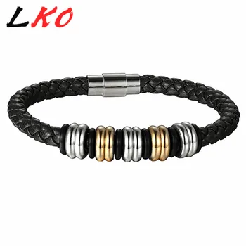 LKO Fashion Sort Dobbelt Lag Flettet Læder Armbånd til Mænd i Rustfrit Stål Armbånd Armbånd med Magnetisk Spænde