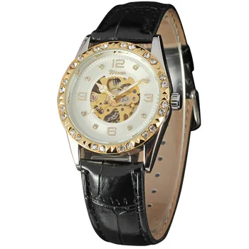 50stk/parti vinder-D265 luksus skelet crystal ure af høj kvalitet vinder ur mekanisk læder ure, engros-se vinderen