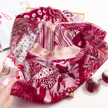 Silke-Pladsen Tørklæder Kvinder 2021 Trykt Wrap Hangzhou Silke Tørklæde Foulard Femme Tørklæde 14mm Real Silk Hals Tørklæde 88*88cm