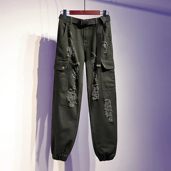 2020 Foråret Løs BF Huller Cargo Bukser Kvindelige Plus Størrelse 2XL Bælte Jeans Bukser med Høj Talje, der er Beskåret, Harem Cargo Bukser
