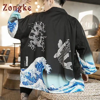 Zongke Bølger Sort Kimono Mænd Japansk Kimono Cardigan Harajuku Kimono Shirt Mænd Streetwear Hawaii Skjorte til Mænd 5XL 2021 Ny