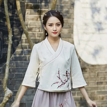 SHENG COCO Kvinder Kimono Toppe Hanfu Beige Bluse Shirt Efteråret Nye Damer Han Kostumer Broderi Blomster Litteratur Qipao Bluse