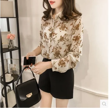 Dingaozlz M-4XL Plus size Kvinder tøj Løs Tynd Print Skjorte Kvindelige langærmet Top Mode Chiffon blouse