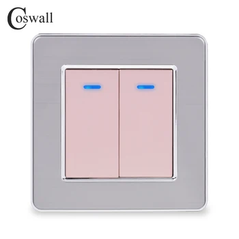 Coswall Rustfrit Stål Panel 2 Gang 1 Måde, Lys Tænd / Sluk kontakt på Væggen Med LED-Indikator 16A Sort Guld Farve