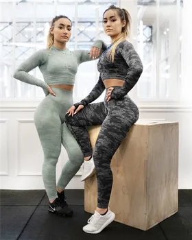 Kvinder 2 delt sæt trænings-og to stykker sæt Seamless bra top fitnesscenter leggings stribede patchwork mode Camouflage 3 stk træningsdragter