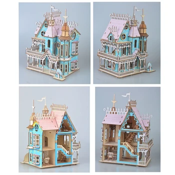 Træ DIY dukkehus miniature, dukkehus piger foregive spille legetøj samlet Pædagogisk 3D Stereo Mini puslespil hus for børn