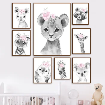 Koala Kanin, Tiger, Løve, Giraf Pink Blomst Væg Kunst, Lærred Maleri Nordiske Plakater Og Prints Væg Billeder For Kids Room Decor