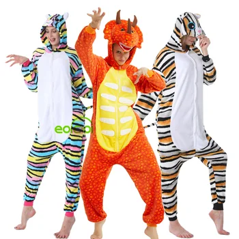 Sæt Kigurumi Børn Dinosaur Unicorn Pyjamas Flannel Hætteklædte Kvinder Drenge Piger Pijamas Buksedragt Vinter Voksen Panda Kat Nattøj