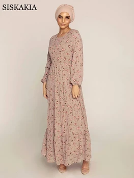 Siskakia Chiffon Maxi Kjole til Kvinder 2021 Foråret Elegante Etniske Blomster O-Hals Lange Ærmer Muslimske Tyrkiet Oman arabisk Tøj Nyt