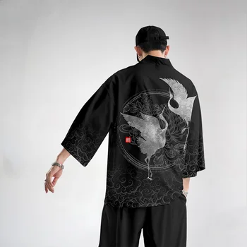 Japansk Print Kran Yukata Kåbe Sæt Oversize 6XL Mænds Kimono Cardigan, Bukser, der Passer Nyhed Jakke Kinesisk Stil Tang Passer