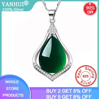 YANHUI Charme Emerald 925 Sterling Sølv Kæde Grønne Kalcedon Cubic Zirconia Smykker Halskæde til Kvinder Gave