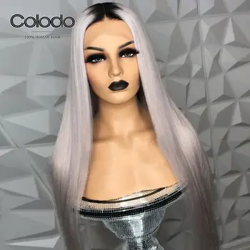 COLODO Lys Sølv Ombre Paryk af menneskehår 1b Rødder Grå Lige Lace Front Wig-Brazilian Remy Gennemsigtige Blonder Parykker til Kvinder