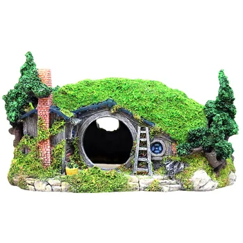 Akvarium Dekoration Harpiks Dværg House Form Akvarium Cave Indretning Fisk Skål Ornament Firben Skildpadde Skjule Box Fish Tank