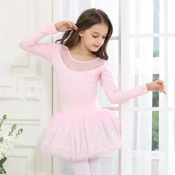 Piger ballet dress dans trikot pink langærmet trikot mesh halsudskæring folie udskrivning pink ballet tutu ballerina kjole børn