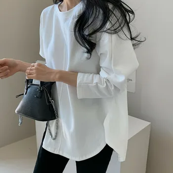 Koreansk Japansk Hvid T-Shirt Kvinder 2020 Fashion Forår Ensfarvet Langærmet O-Neck T-Shirt I Loose Elegant Top Ropa Mujer