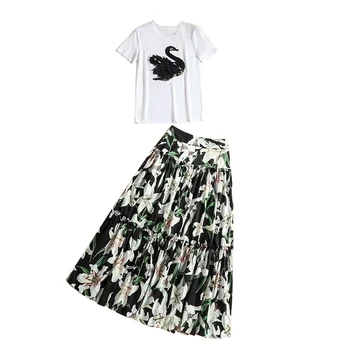 SEQINYY Kvinder 2020 Sommeren Nye Mode Design Broderi Swan Krystal Hvid Bomulds T-shirt + Romantisk Lily Flower Print Nederdel