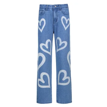 YIHAIFA Vintage-Hjerte Printet Jeans Kvinder med Høj Talje Harajuku Æstetiske Mødre Jeans Denim Streetwear 90'erne Bukser SenoritaBottoms
