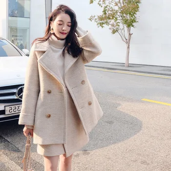 2020 Efteråret og Vinteren Uldne Frakke Kvindelige Mid-Long Nye koreanske Temperament Kvinders Populære Overtøj af Uld Frakke + Nederdel 2pcs/sæt