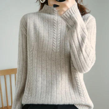 Uld Nye Efterår og vinter Kvinder Strikkede Sweater, Trøjer Halv krave sweater Solid Farve Elastisk Twist Sweater Dame Toppe